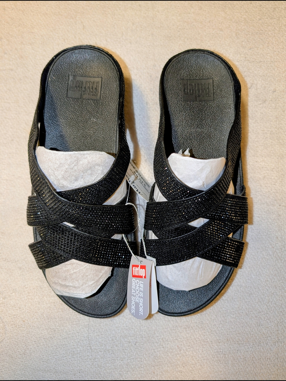 FitFlop Black Sparkle Crisscross Slide Sandals